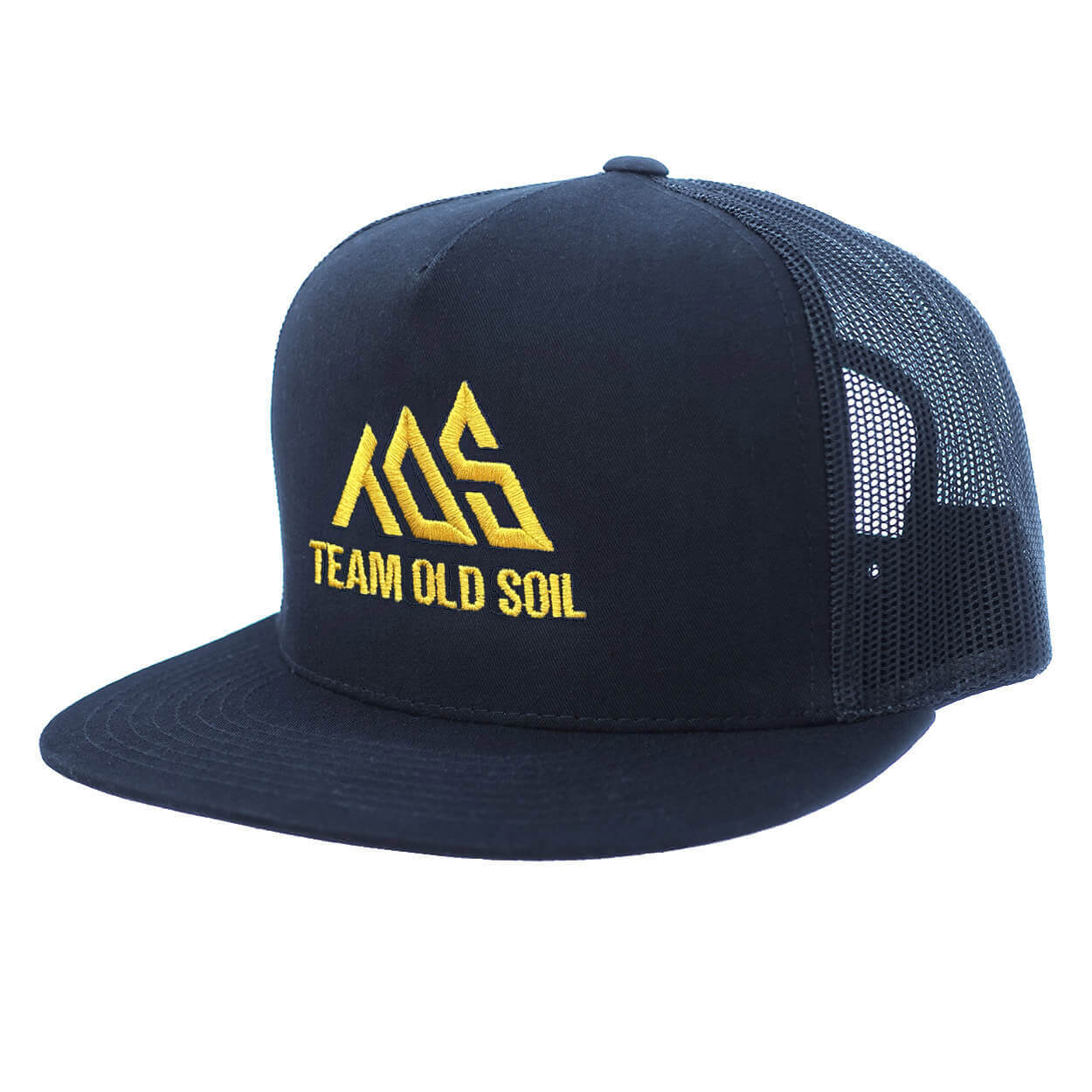 Flat bill snap back embroidered hat black with gold embroidery