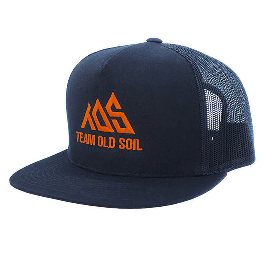 Snap back flat bill hat. Black hat mesh back with orange embroidery, TOS logo.