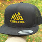 Flat bill snap back embroidered hat black with gold embroidery outside
