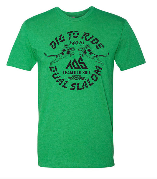 Green t-shirt with black graphic design on a green background
